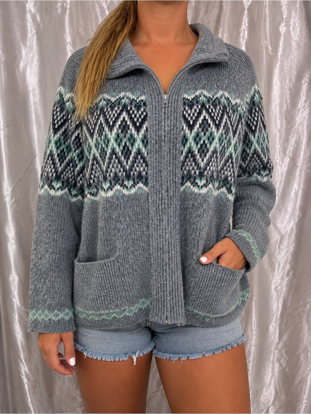 Vintage 1970s Clipper Mist Full Zip Knit Cardigan Sweater Size XL